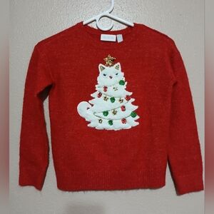 Girl's Red Christmas Cat Sweater